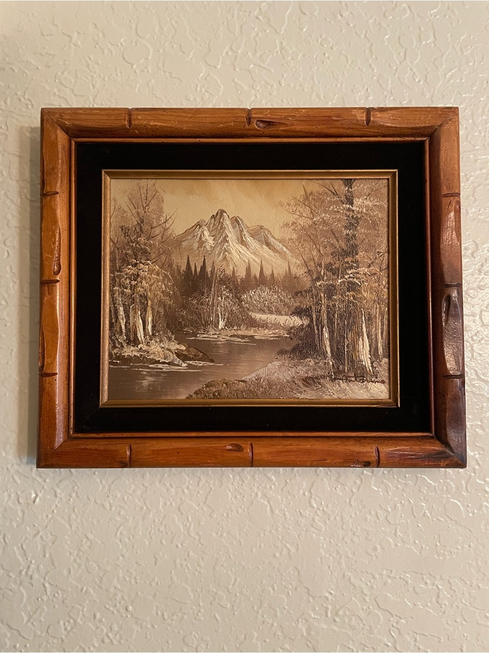 Vintage decorative mountain oil painting faux bamboo frame velvet mat